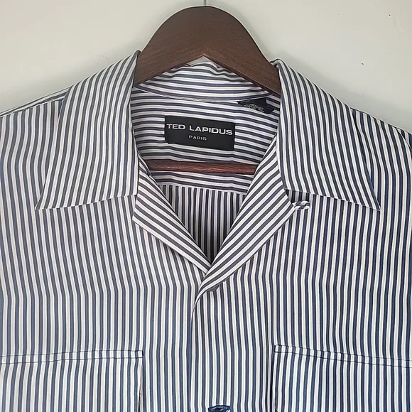Ted Lapidus 100% Silk Long Sleeve Collared Shirt Button Down Blue Stripes - Picture 3 of 10
